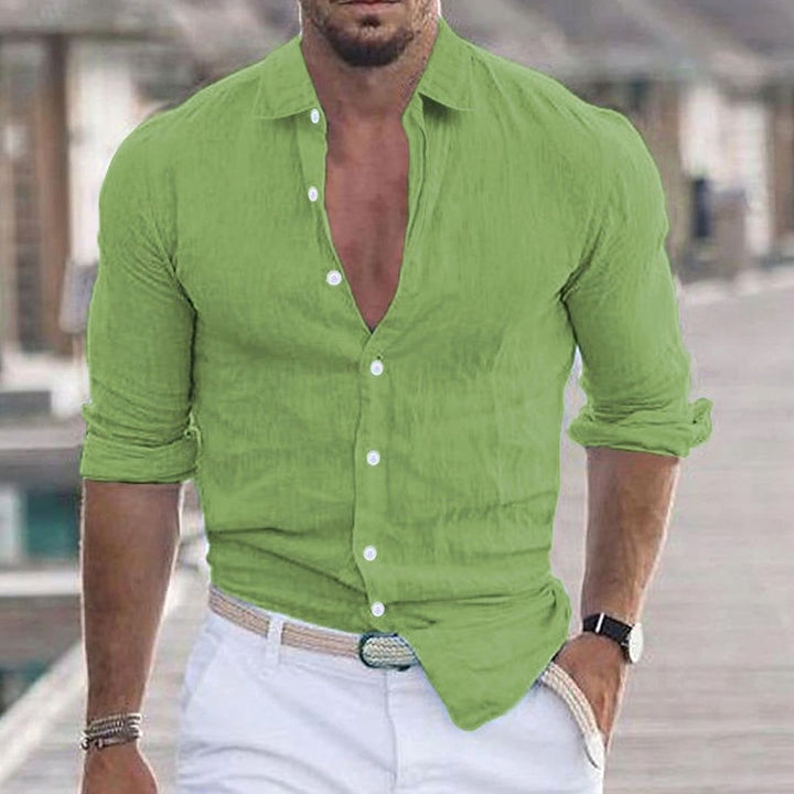 Men's Band Collar Button-Front Long-Sleeve Casual Shirt - Green
