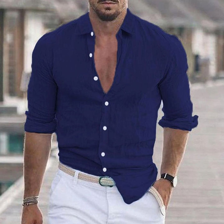Men's Band Collar Button-Front Long-Sleeve Casual Shirt - Navy Blue