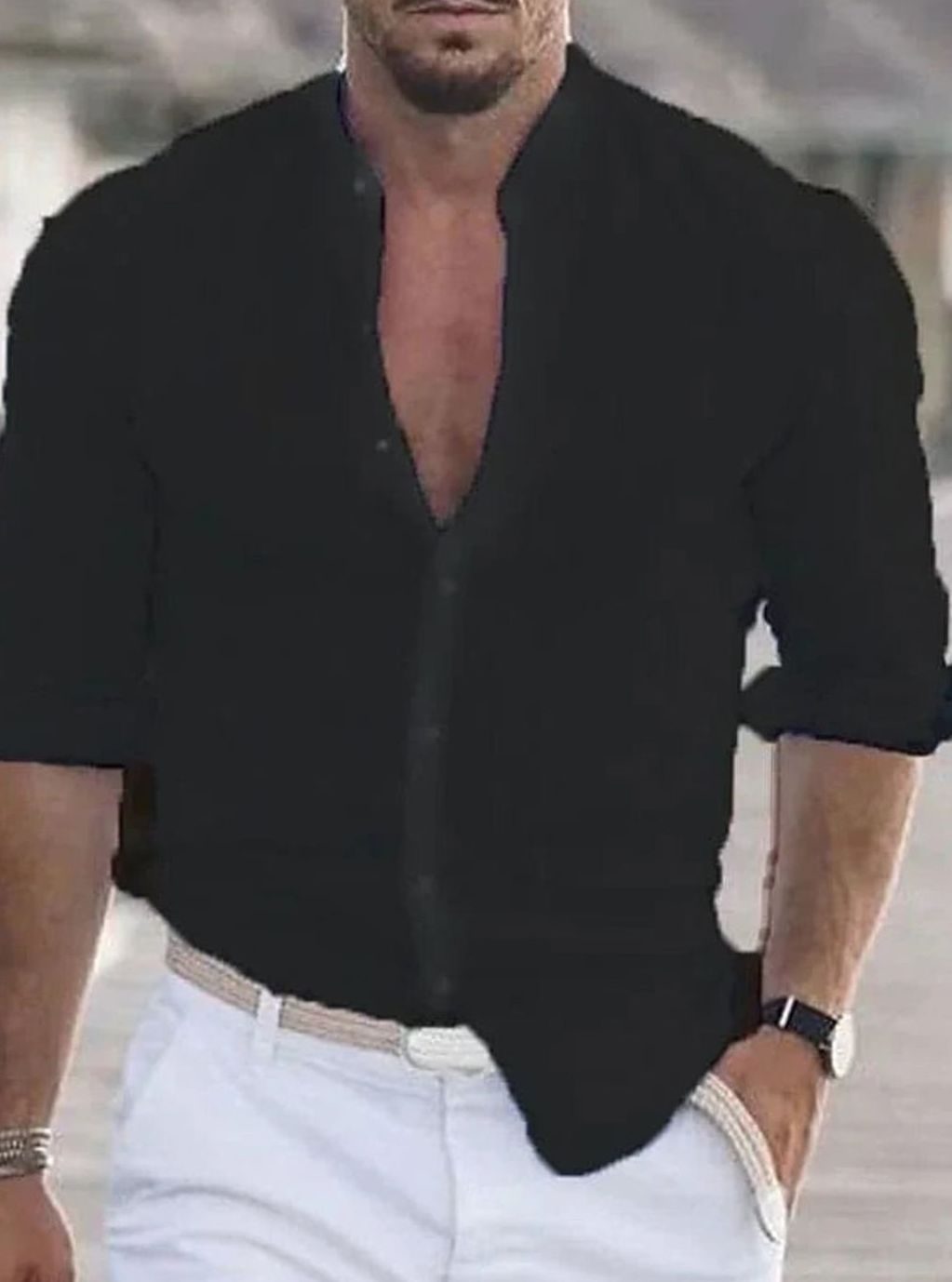 Men's Band Collar Button-Front Long-Sleeve Casual Shirt - Black