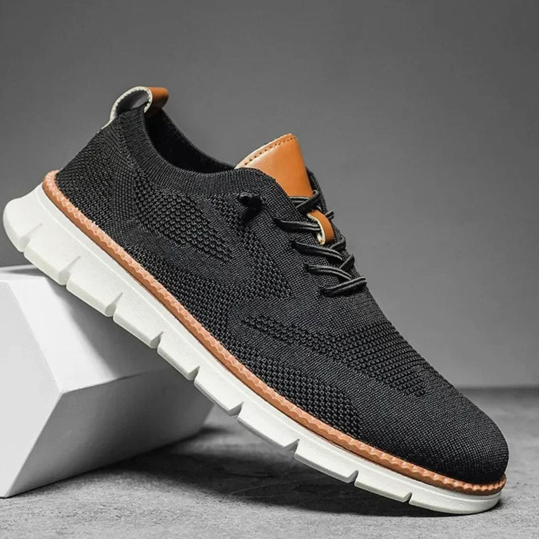 Men's Breathable Knit Lace-Up Casual Trainers, Beige - Black