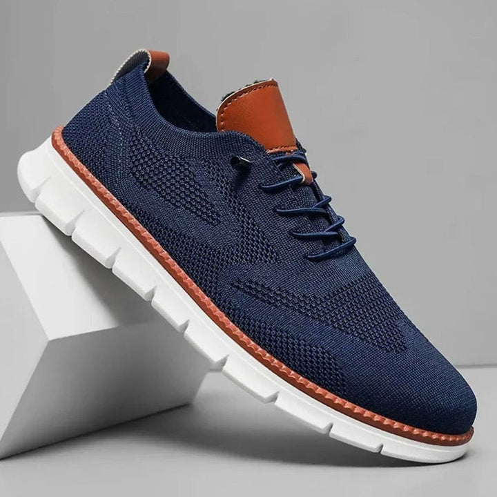 Men's Breathable Knit Lace-Up Casual Trainers, Beige - Blue