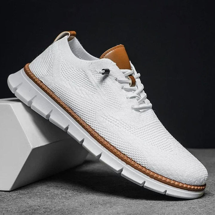 Men's Breathable Knit Lace-Up Casual Trainers, Beige - White