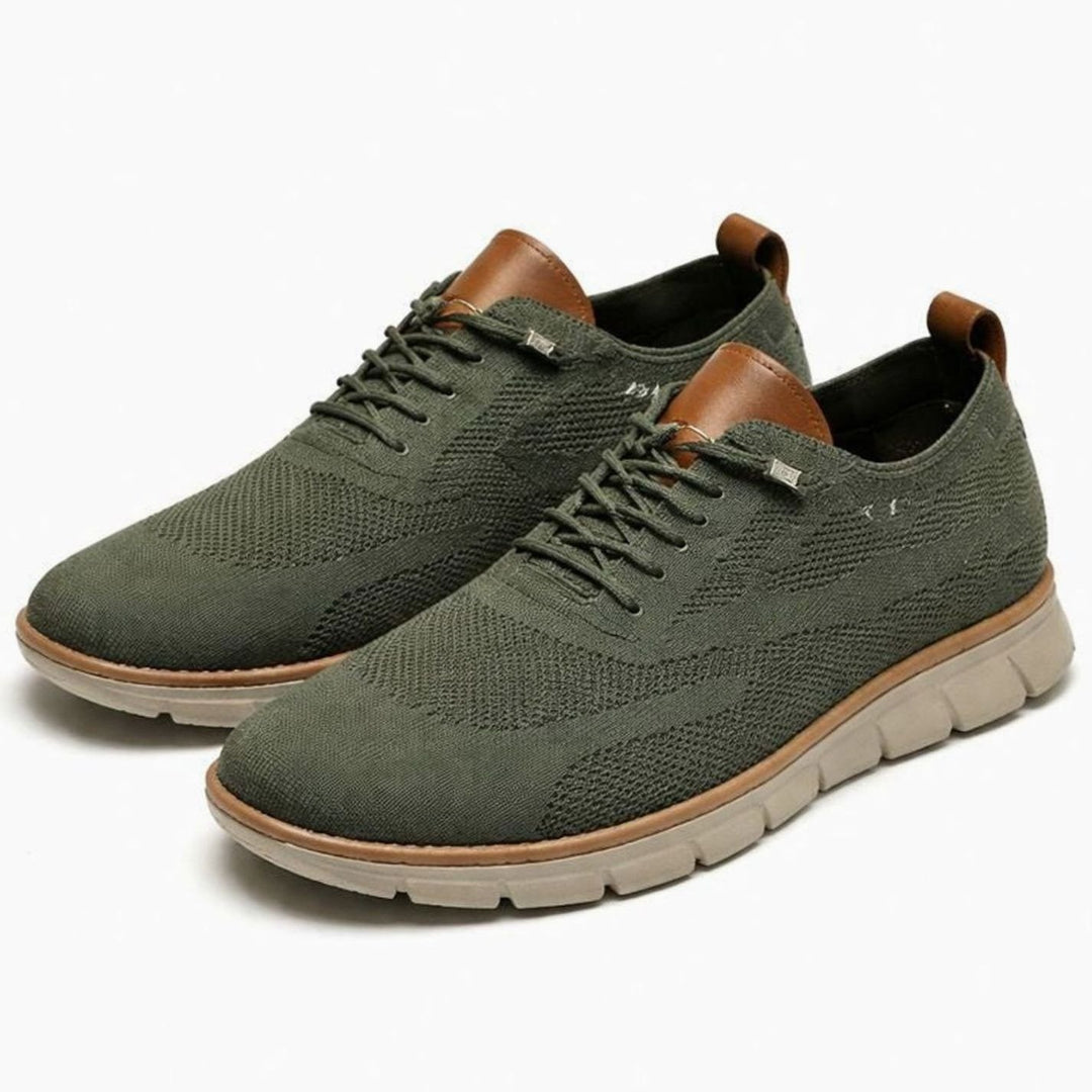 Men's Breathable Knit Lace-Up Oxford Trainers, Olive Green - Green