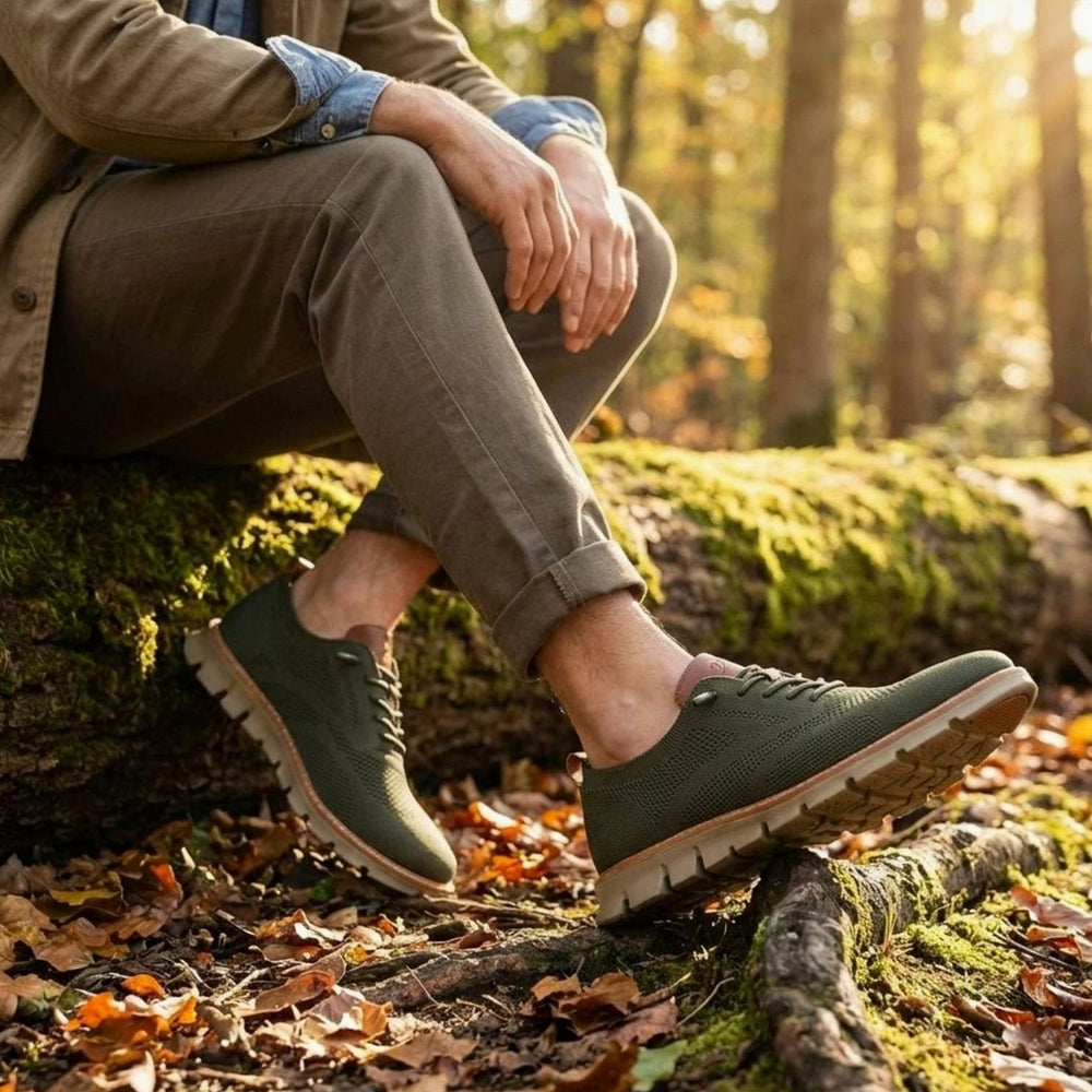 Men's Breathable Knit Lace-Up Oxford Trainers, Olive Green