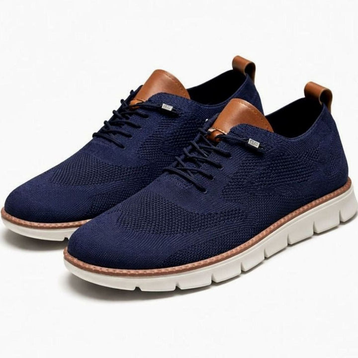 Men's Breathable Knit Lace-Up Oxford Trainers, Olive Green - Navy Blue