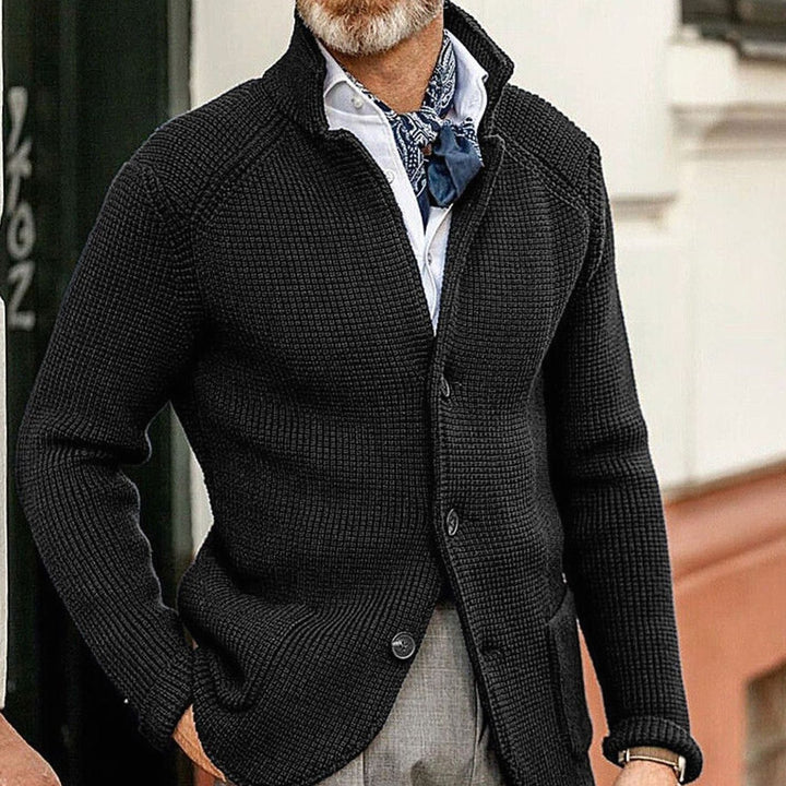 Men's Button-Up Waffle-Knit Sweater Jacket - Black