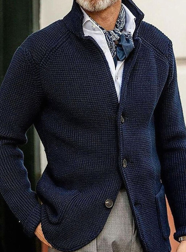 Men's Button-Up Waffle-Knit Sweater Jacket - Navy Blue