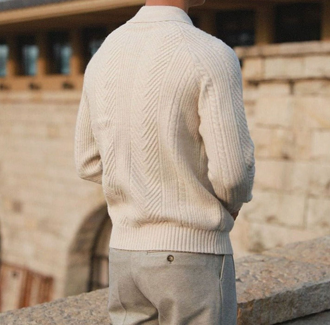Men's Cable-Knit Collared Knitted Sweater Button Placket