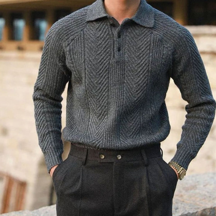Men's Cable-Knit Collared Knitted Sweater Button Placket