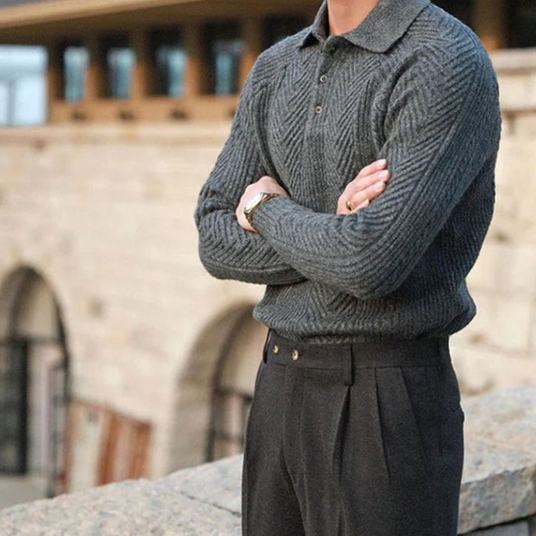 Men's Cable-Knit Collared Knitted Sweater Button Placket