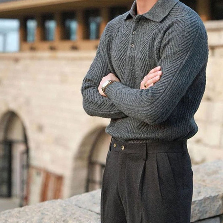 Men's Cable-Knit Collared Knitted Sweater Button Placket