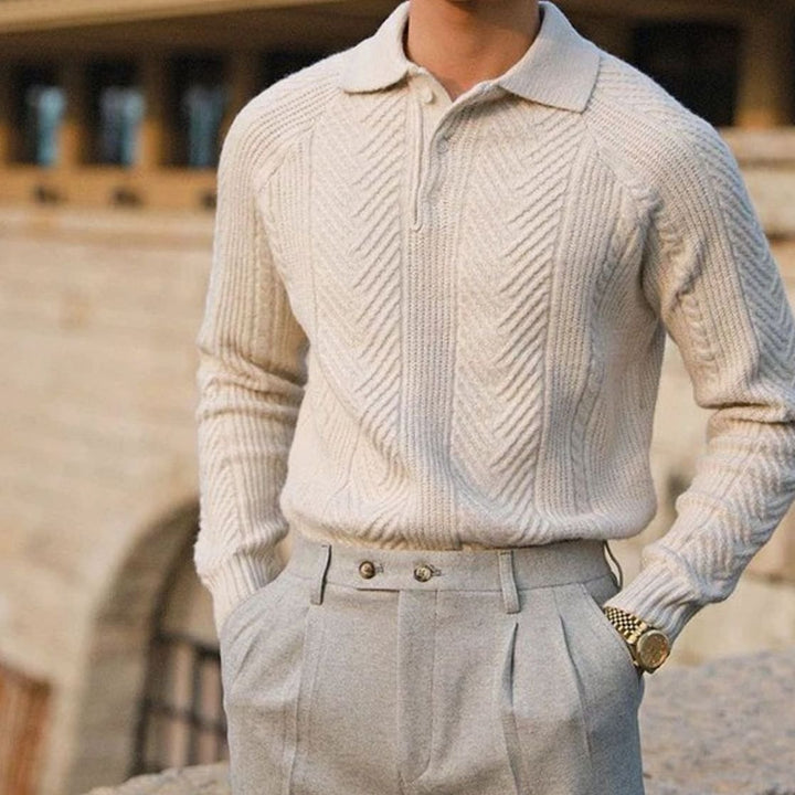 Men's Cable-Knit Collared Knitted Sweater Button Placket - Beige