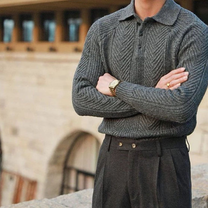 Men's Cable-Knit Collared Knitted Sweater Button Placket - Grey