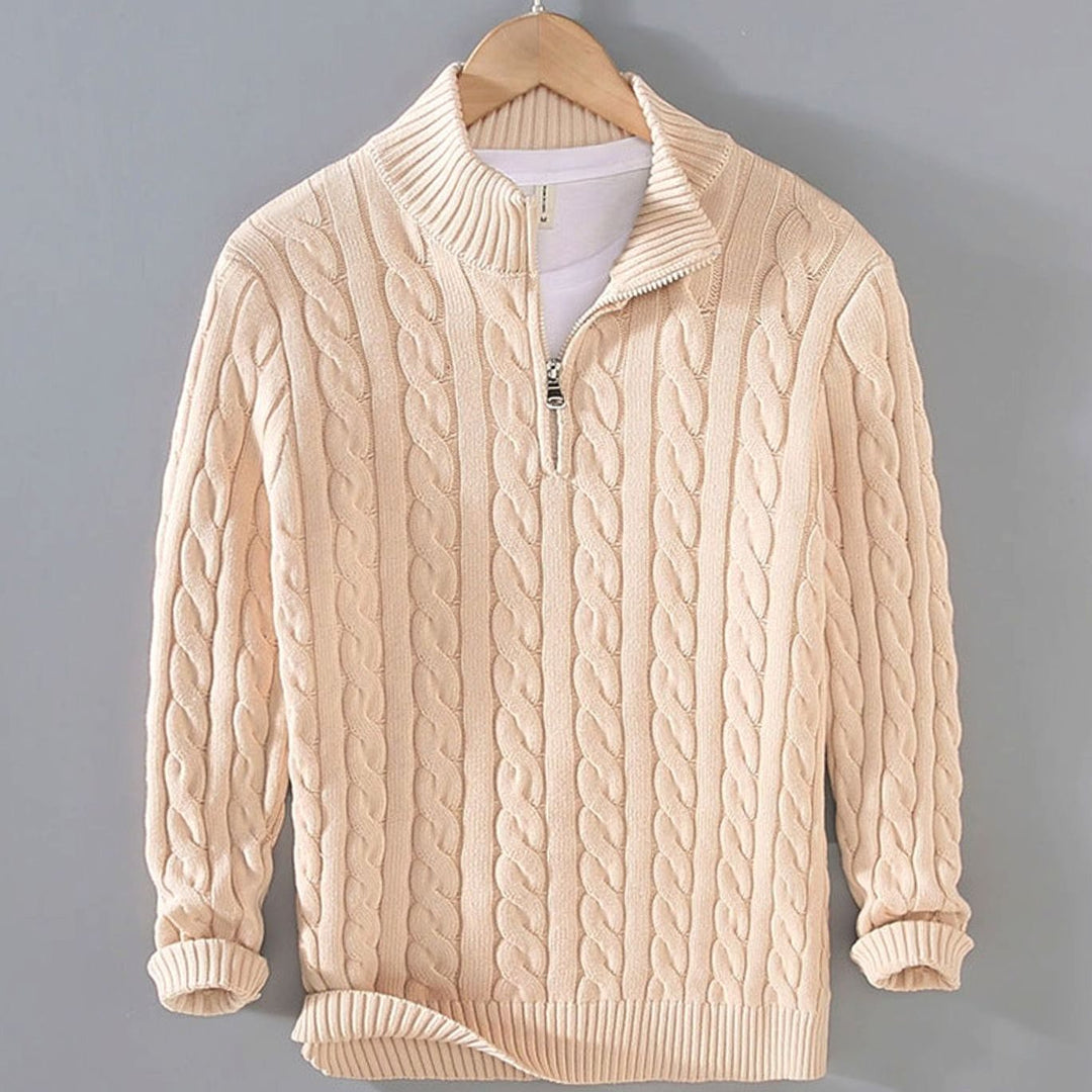 Men's Cable-Knit Half-Zip Knitted Sweater Pullover - Beige