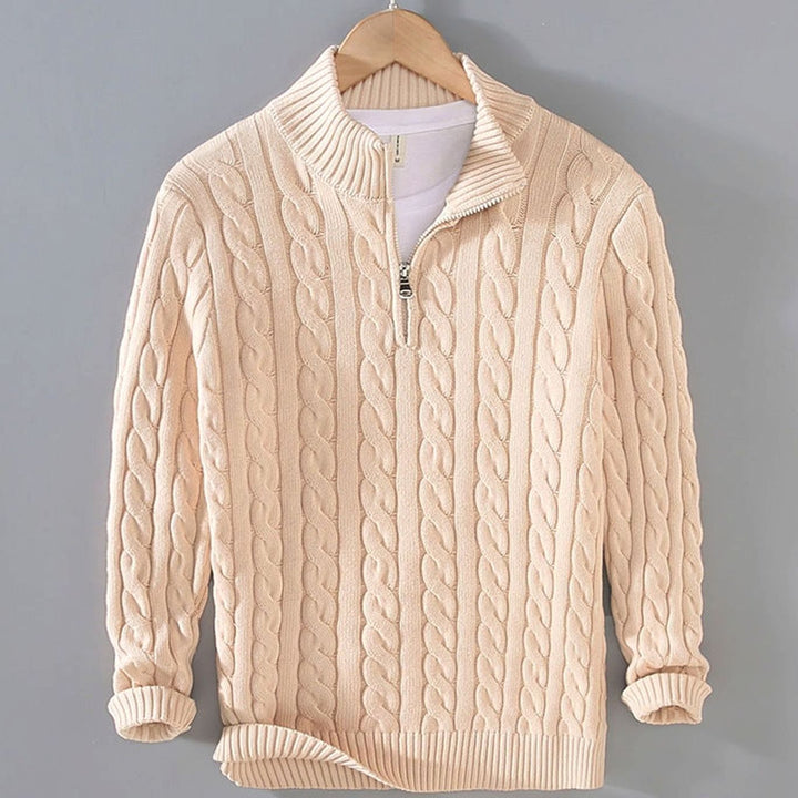 Men's Cable-Knit Half-Zip Knitted Sweater Pullover - Beige