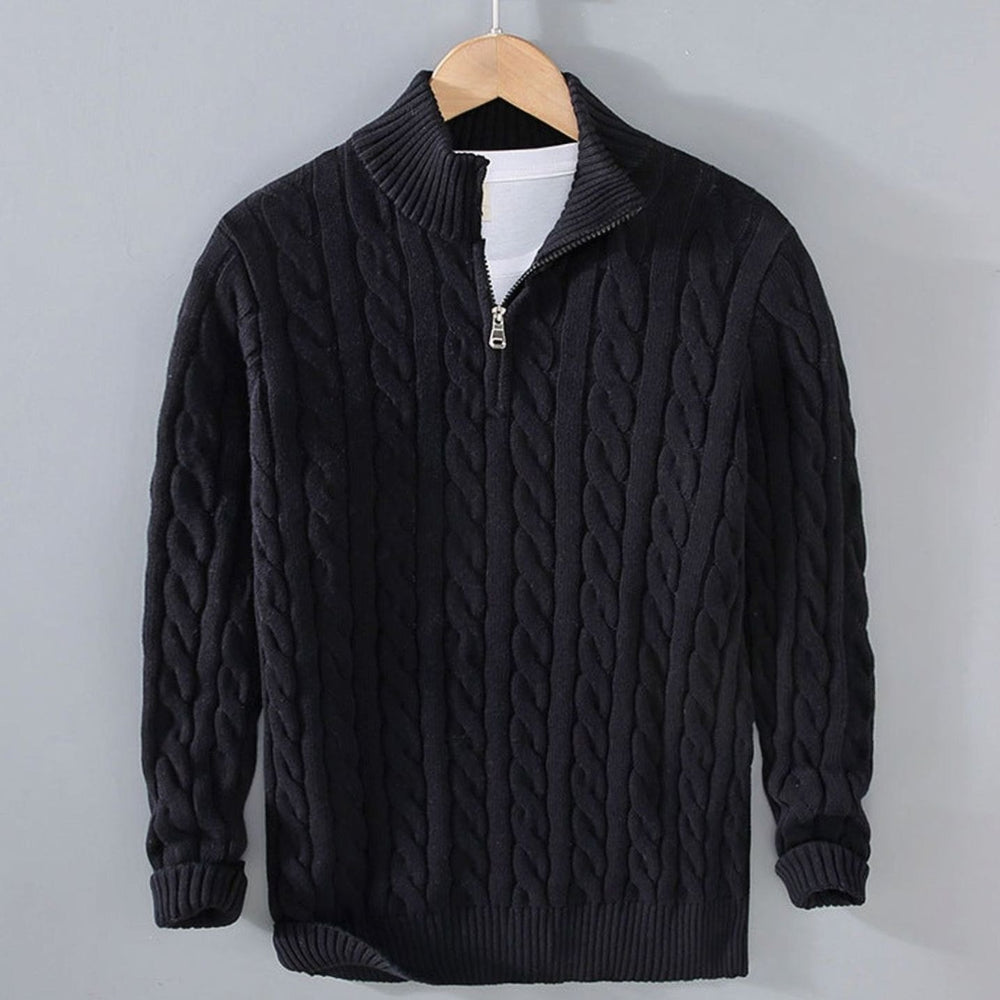 Men's Cable-Knit Half-Zip Knitted Sweater Pullover - Black