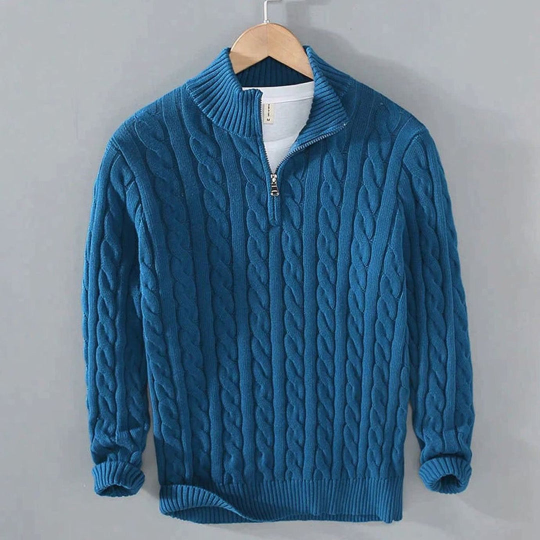 Men's Cable-Knit Half-Zip Knitted Sweater Pullover - Blue