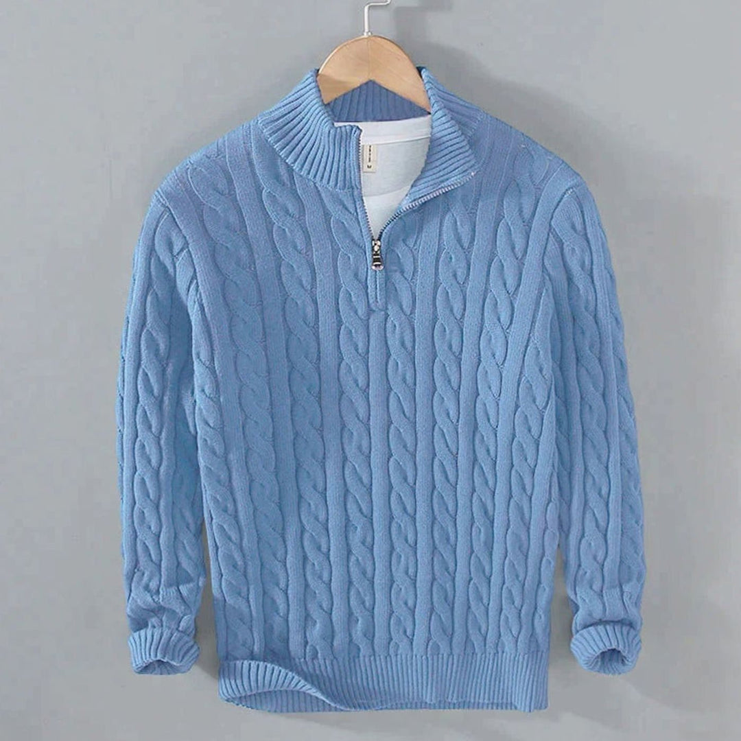 Men's Cable-Knit Half-Zip Knitted Sweater Pullover - Light Blue