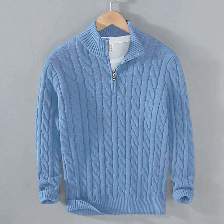 Men's Cable-Knit Half-Zip Knitted Sweater Pullover - Light Blue