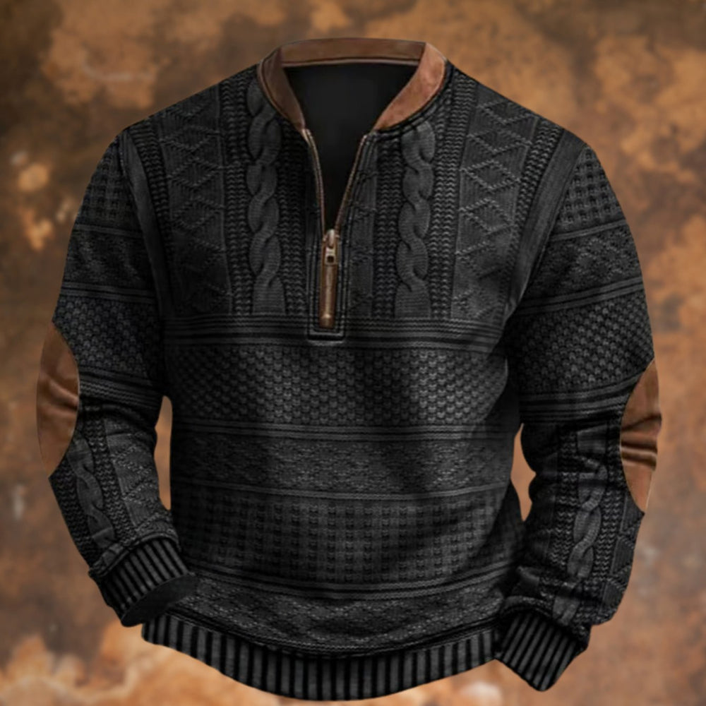 Men's Cable-Knit Print Quarter-Zip Pullover Sweatshirt, Blue - Black