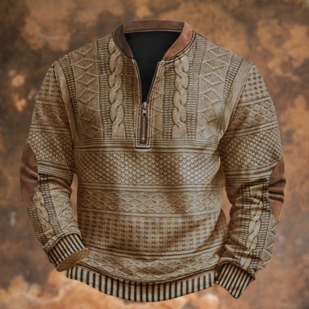 Men's Cable-Knit Print Quarter-Zip Pullover Sweatshirt, Blue - Khaki