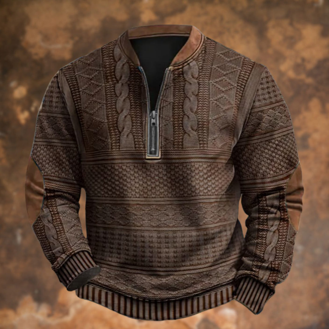 Men's Cable-Knit Print Quarter-Zip Pullover Sweatshirt, Blue - Brown
