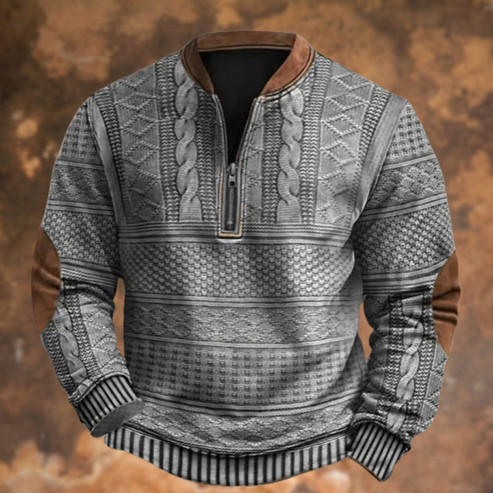 Men's Cable-Knit Print Quarter-Zip Pullover Sweatshirt, Blue - Grey