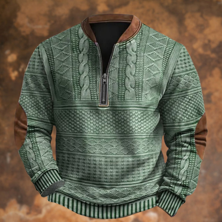 Men's Cable-Knit Print Quarter-Zip Pullover Sweatshirt, Blue - Green