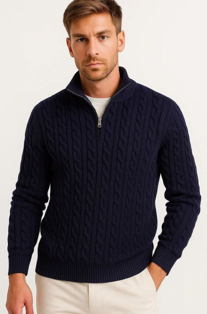 Men's Cable-Knit Quarter-Zip Jumper - Navy Blue