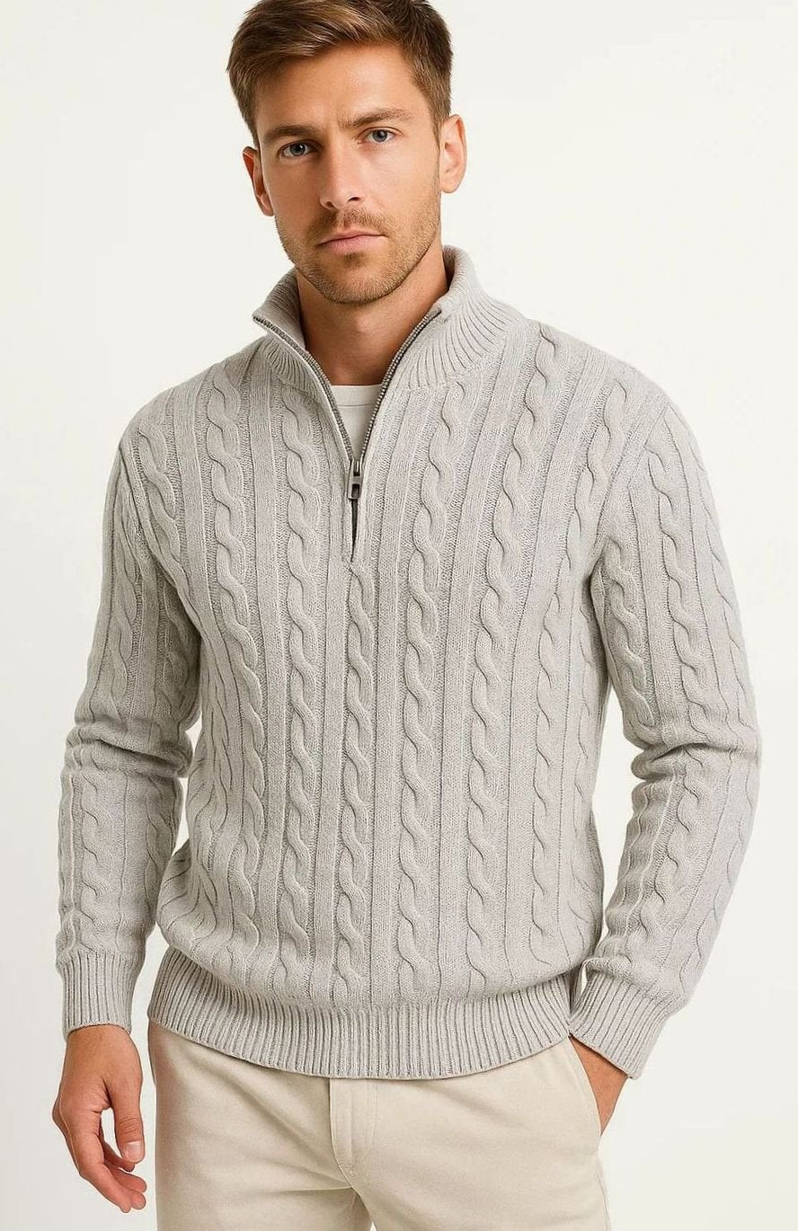 Men's Cable-Knit Quarter-Zip Jumper - Light Grey