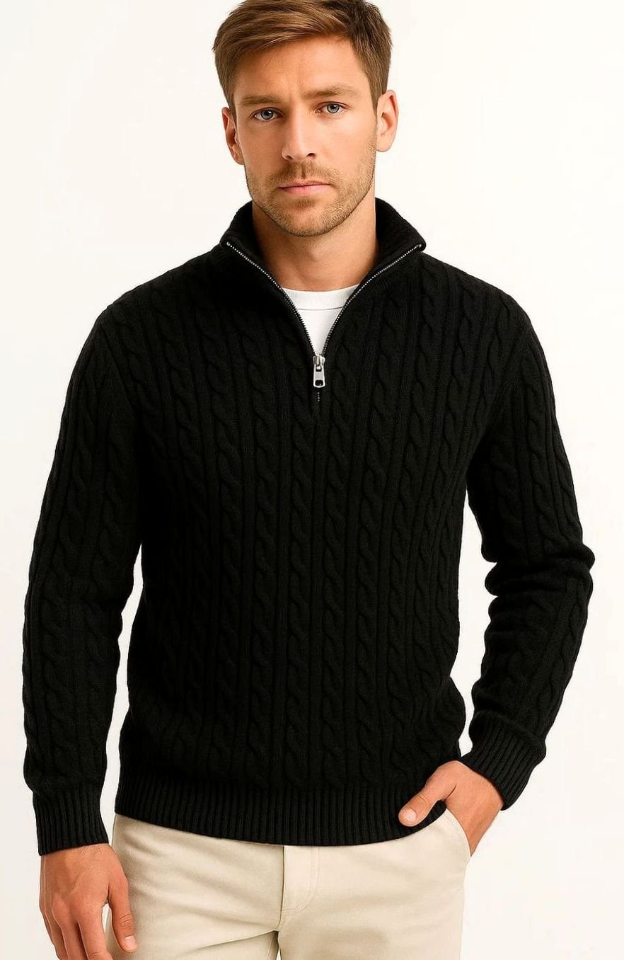 Men's Cable-Knit Quarter-Zip Jumper - Black