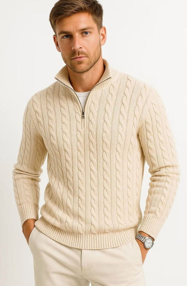 Men's Cable-Knit Quarter-Zip Jumper - Vanilla Beige