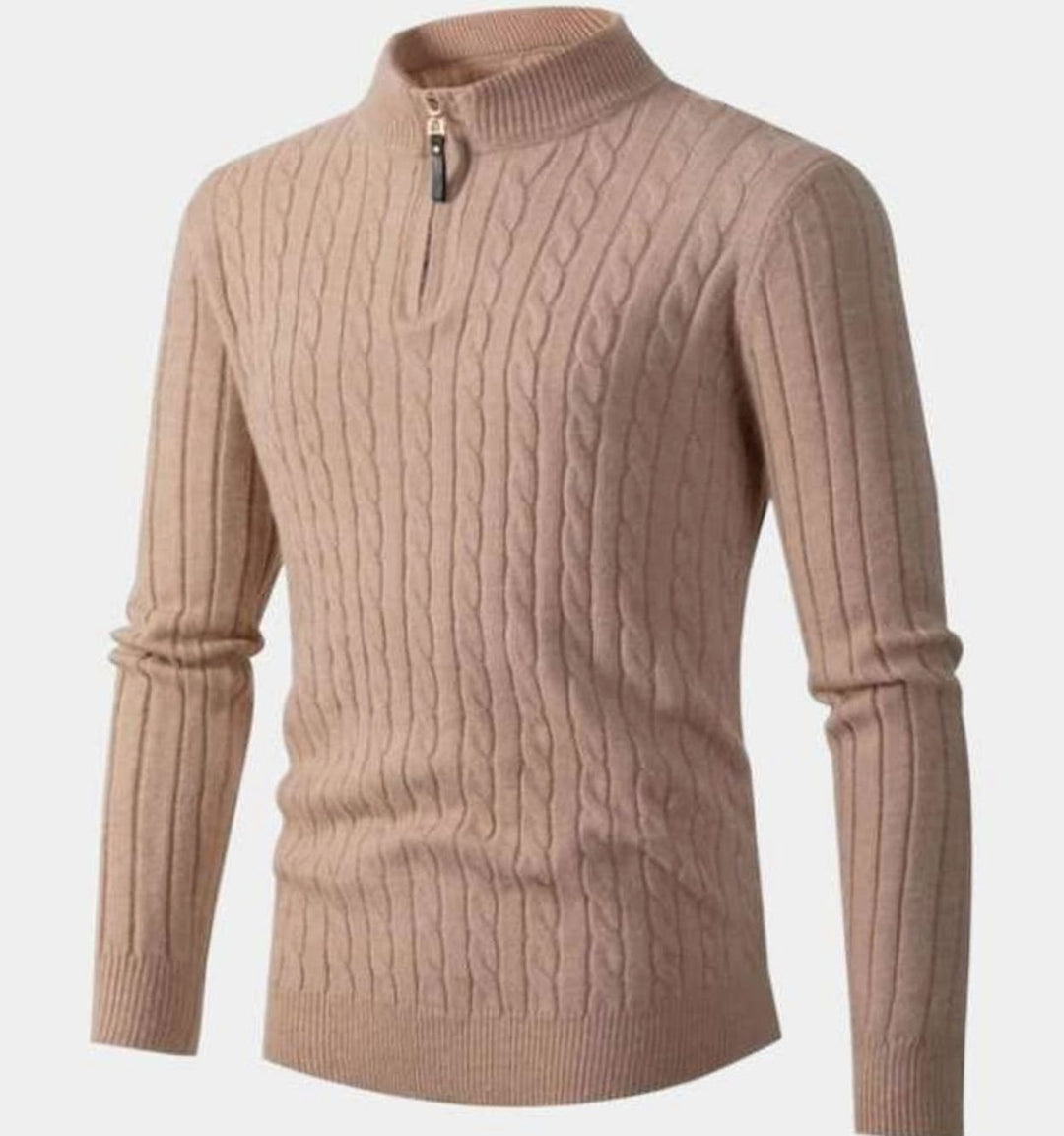 Men's Cable-Knit Quarter-Zip Slim-Fit Knitted Sweater - Beige