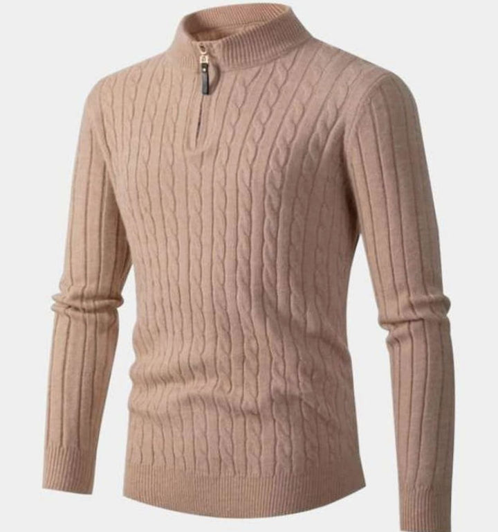 Men's Cable-Knit Quarter-Zip Slim-Fit Knitted Sweater - Beige