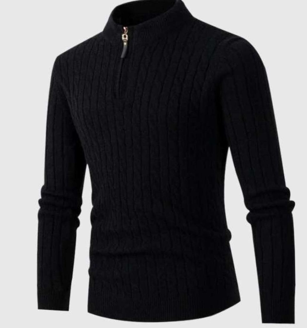 Men's Cable-Knit Quarter-Zip Slim-Fit Knitted Sweater - Black