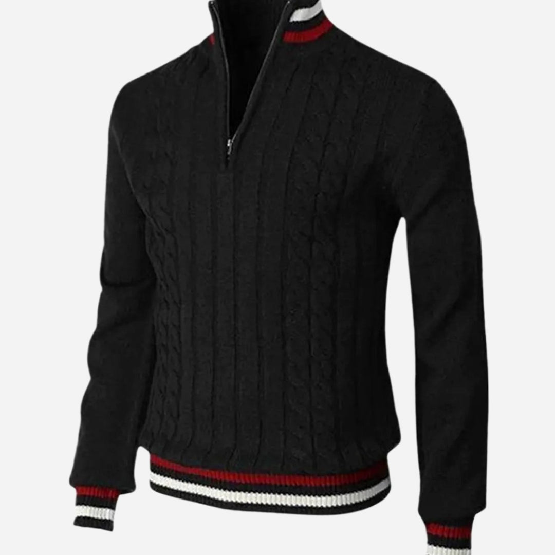 Men's Cable-Knit Quarter-Zip Striped Trim Knitted Sweater - Black