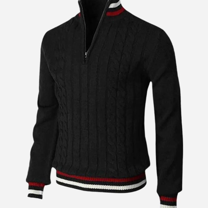 Men's Cable-Knit Quarter-Zip Striped Trim Knitted Sweater - Black