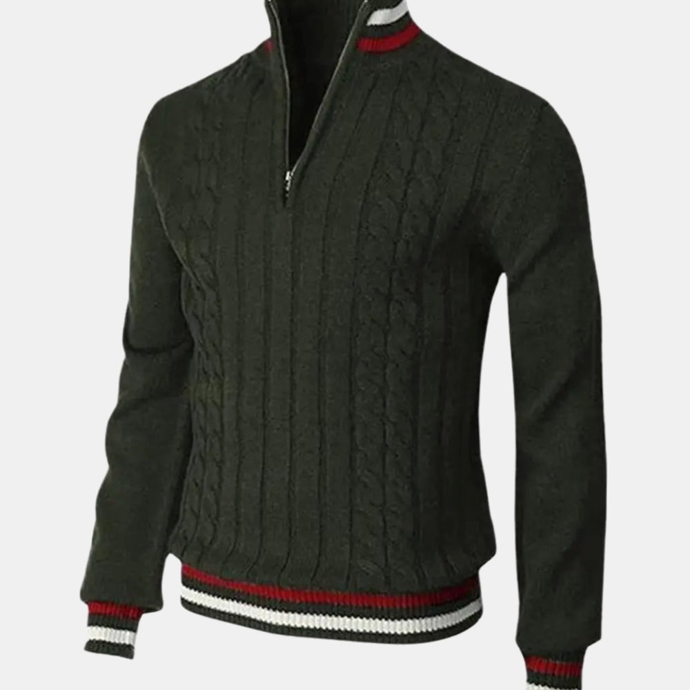 Men's Cable-Knit Quarter-Zip Striped Trim Knitted Sweater - Green
