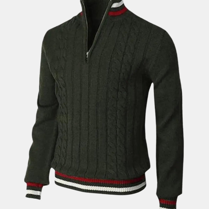 Men's Cable-Knit Quarter-Zip Striped Trim Knitted Sweater - Green