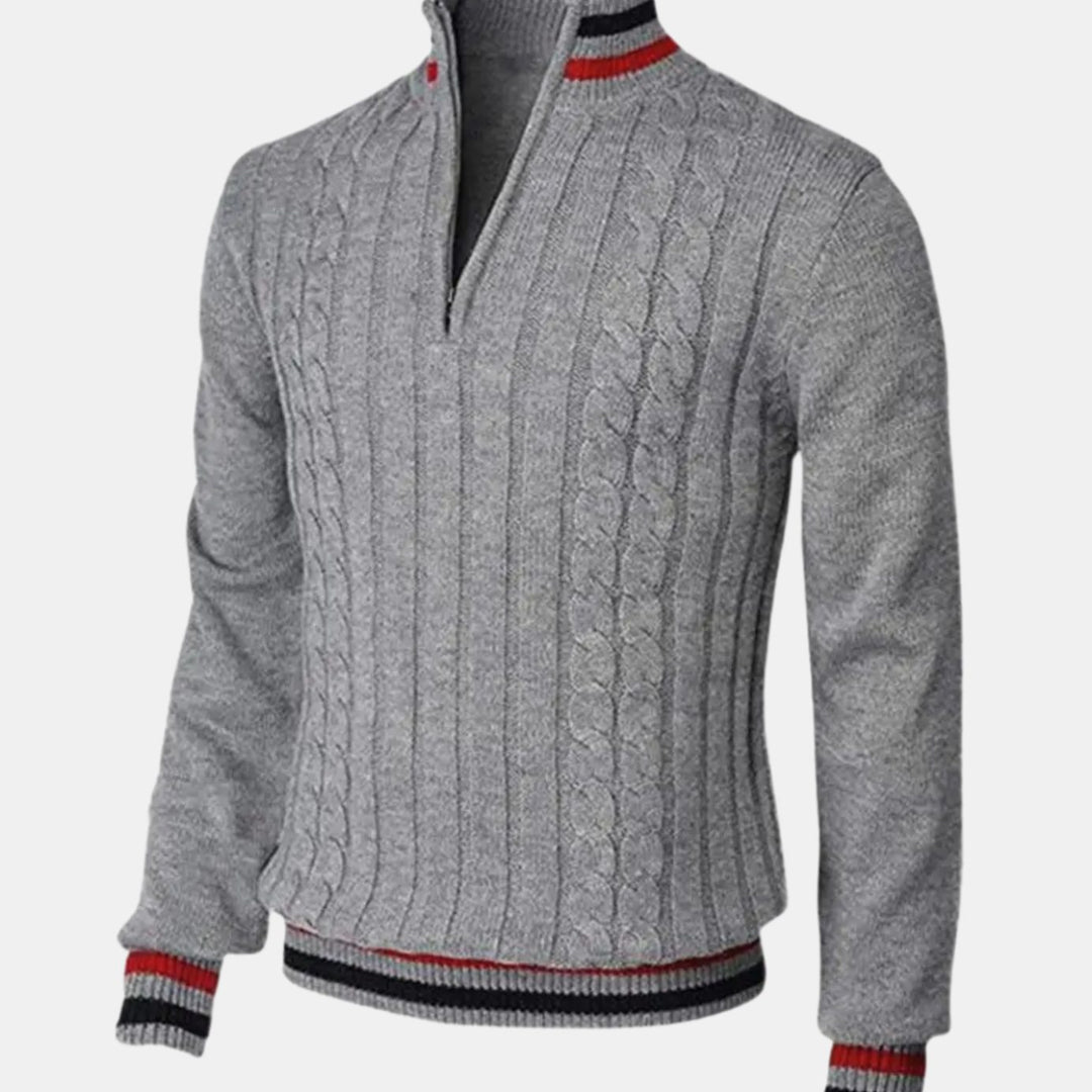 Men's Cable-Knit Quarter-Zip Striped Trim Knitted Sweater - Grey