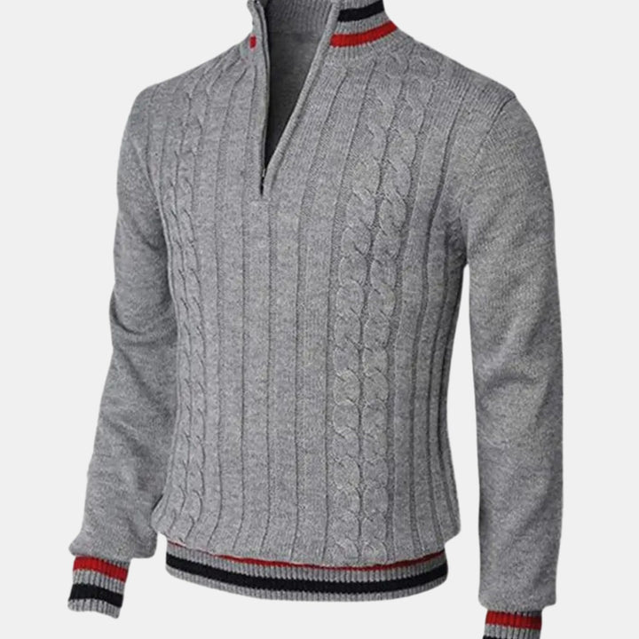 Men's Cable-Knit Quarter-Zip Striped Trim Knitted Sweater - Grey