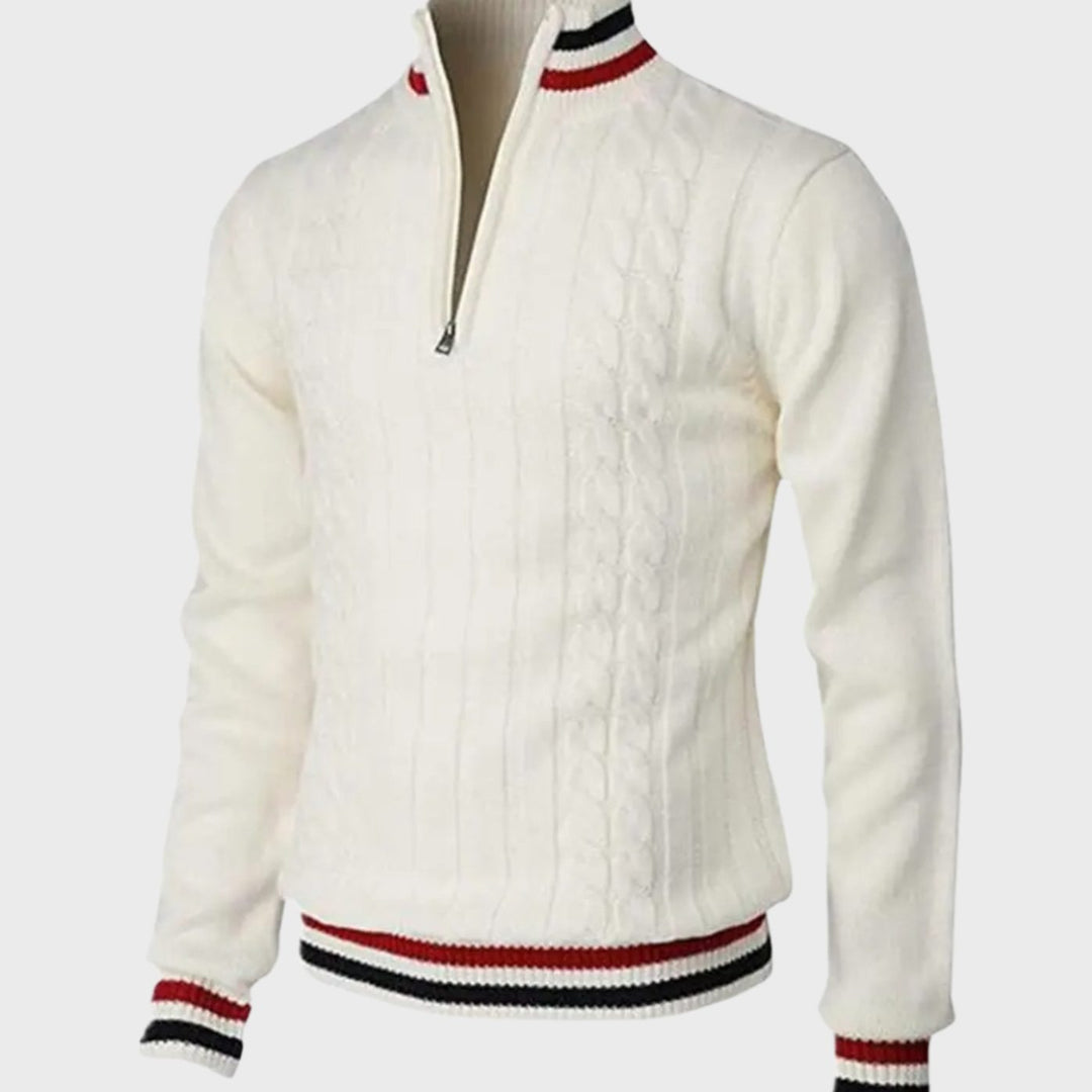 Men's Cable-Knit Quarter-Zip Striped Trim Knitted Sweater - White
