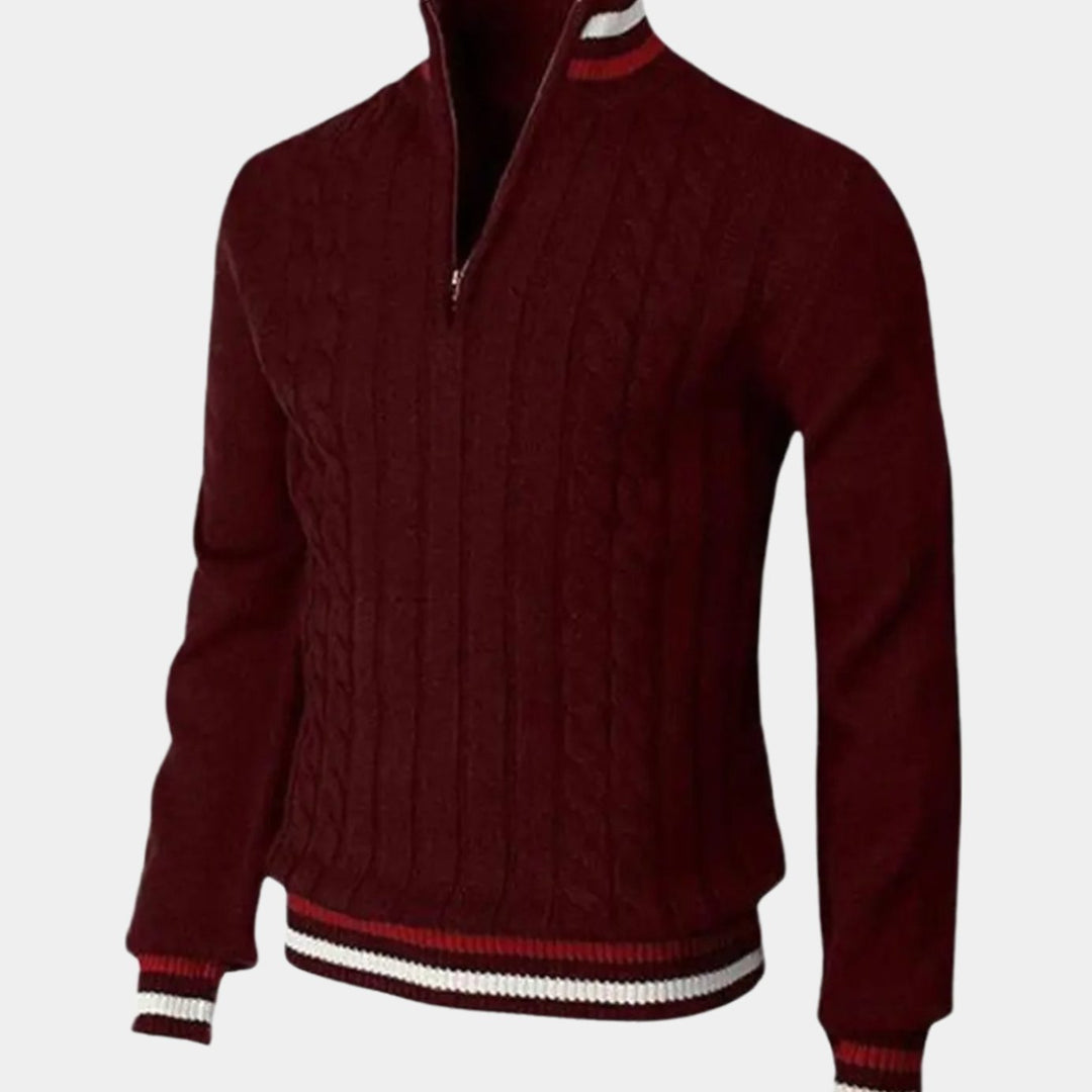 Men's Cable-Knit Quarter-Zip Striped Trim Knitted Sweater - Wine Red