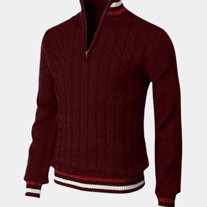 Men's Cable-Knit Quarter-Zip Striped Trim Knitted Sweater - Wine Red