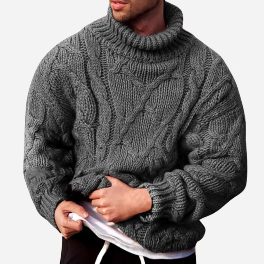 Men's Cable-Knit Turtleneck Knitted Sweater Chunky Pullover - Grey