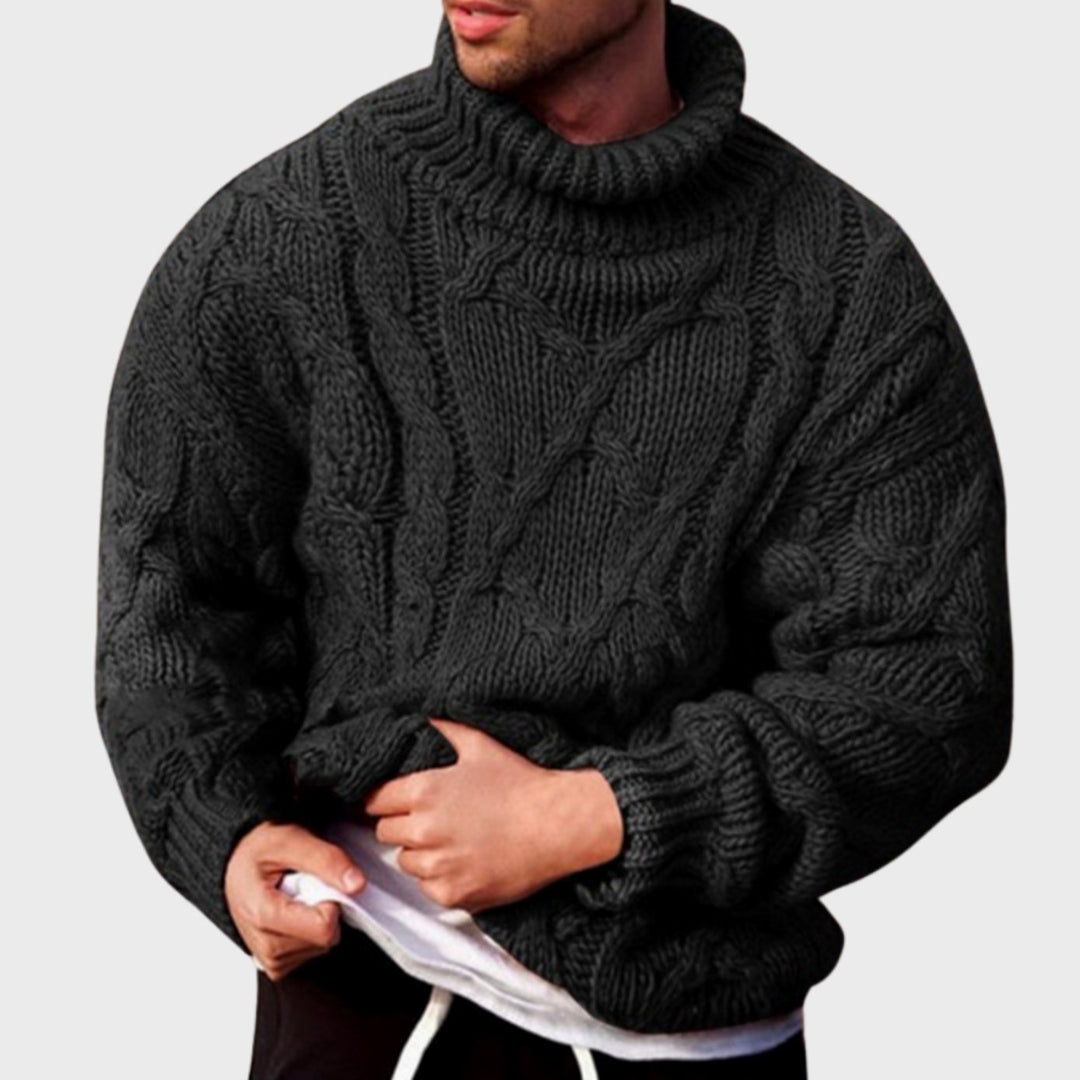 Men's Cable-Knit Turtleneck Knitted Sweater Chunky Pullover - Black