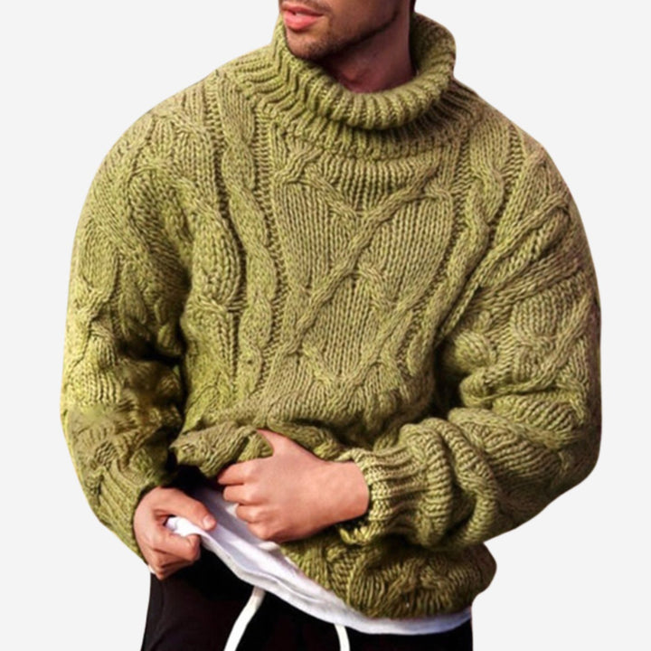 Men's Cable-Knit Turtleneck Knitted Sweater Chunky Pullover - Light Green