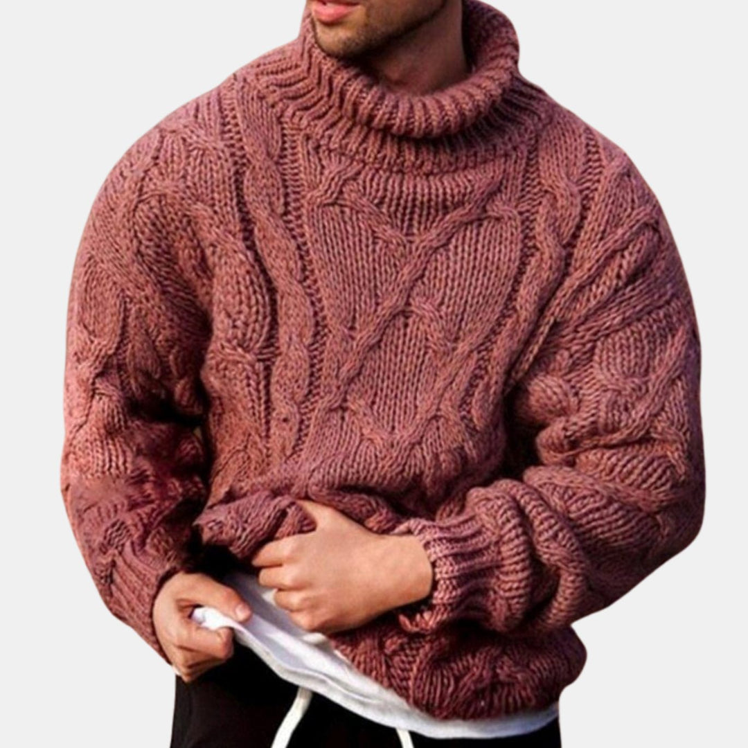 Men's Cable-Knit Turtleneck Knitted Sweater Chunky Pullover - Red