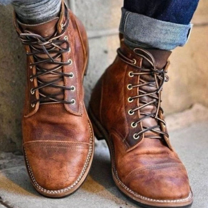 Men's Cap-Toe Lace-Up Ankle Boots Rubber Sole, Tan Brown - Brown