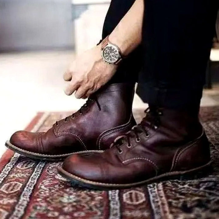 Men's Cap-Toe Lace-Up Ankle Boots Rubber Sole, Tan Brown - Dark Brown